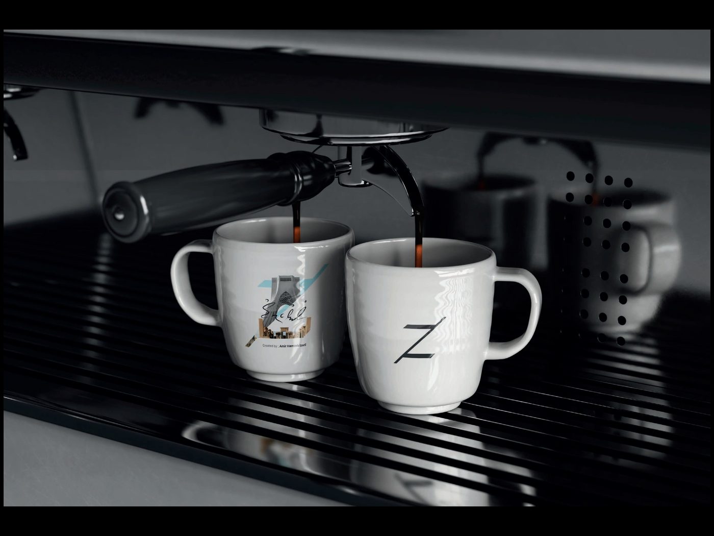 Izadi Coffee — Z monogramlı fincanlar espresso makinesinde
